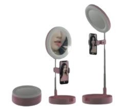 Espejo con luz extensible y soporte para móvil